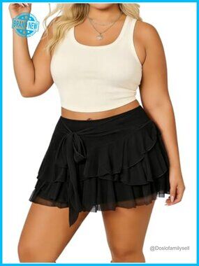 Plus Size High Waist Ruffle Mini Skirt Mesh Layered Skort